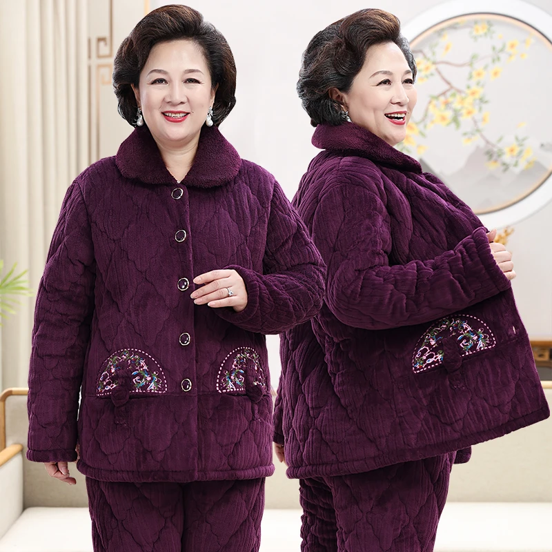 冬天中老年人睡衣女法兰绒夹棉加厚妈妈套装冬季珊瑚绒中年家居服