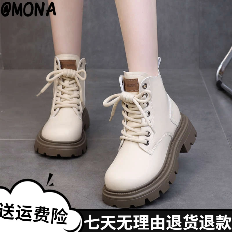 MONA软皮防滑短靴女松糕厚底单靴2025年新款秋冬女鞋英伦风洋气马