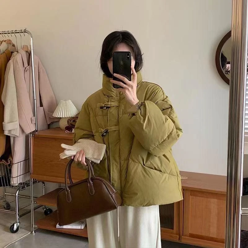 爆款2023新款羽绒棉服女2023新款加厚牛角扣韩版宽松面包服冬季