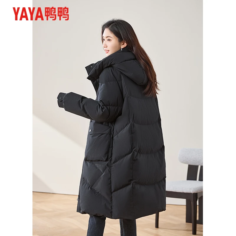 YAYA/鸭鸭羽绒服长款女士2024冬季新款韩版时尚休闲加厚连帽外套