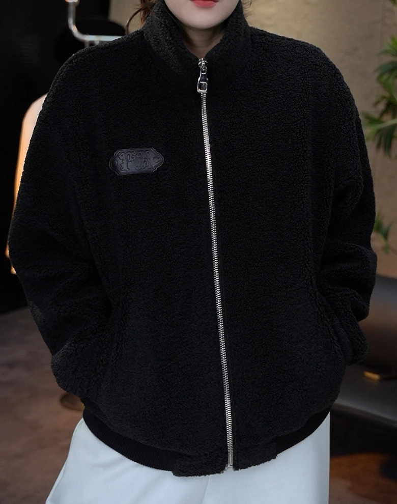 【010】纯色小皮标冬季外套新款宽松休闲男女W245044