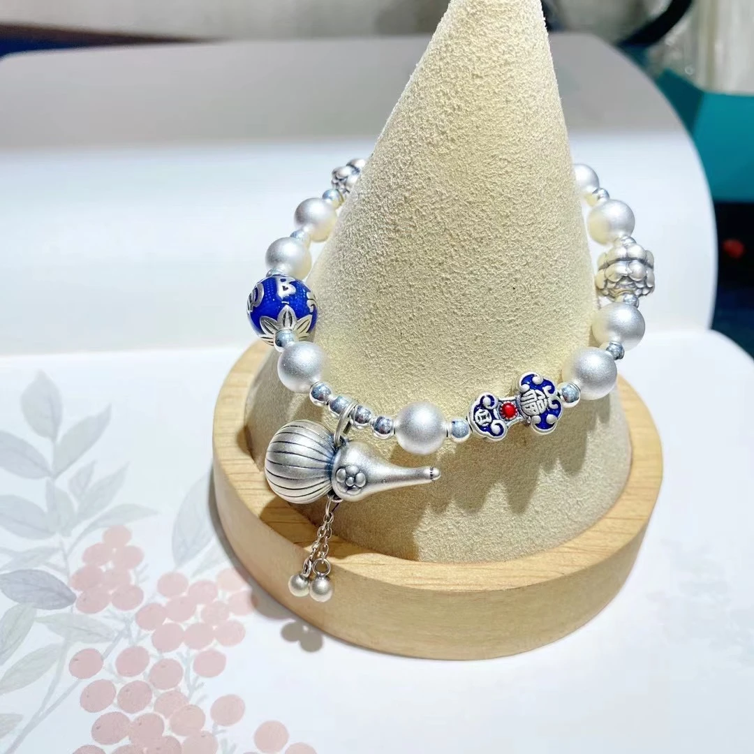 足银银制品 925银古法珠8毫米单圈手链，999足银葫芦吊坠