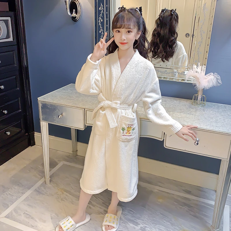 儿童浴袍珊瑚绒睡袍法兰绒女童小孩中大童儿童浴袍8-15岁冬天秋冬