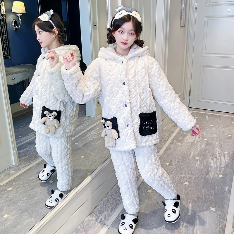 儿童睡衣套装冬季加厚款洋气夹棉女童小孩珊瑚绒法兰绒保暖家居服
