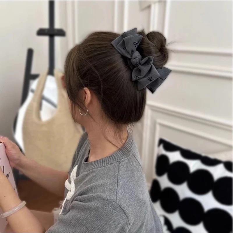 格雷系灰色双面蝴蝶结丸子头抓夹女新款气质后脑勺发夹子头饰