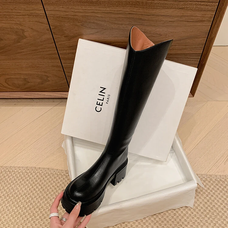 NianGaoXJ【牛皮】跟高7cm简约V口显瘦西部骑士靴百搭圆头长筒靴