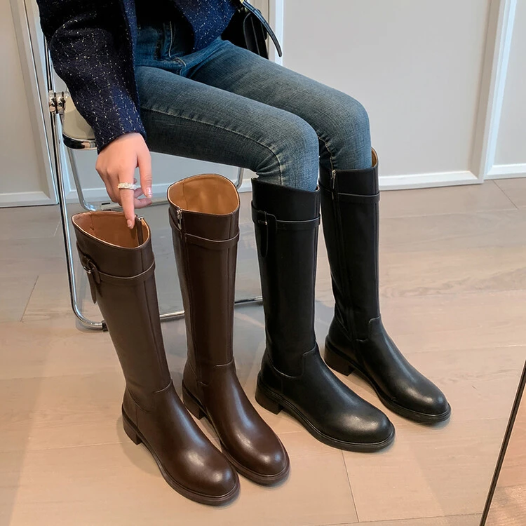 NianGaoXJ【牛皮】跟高4cm个性小众高筒靴秋冬百搭时尚真皮骑士靴