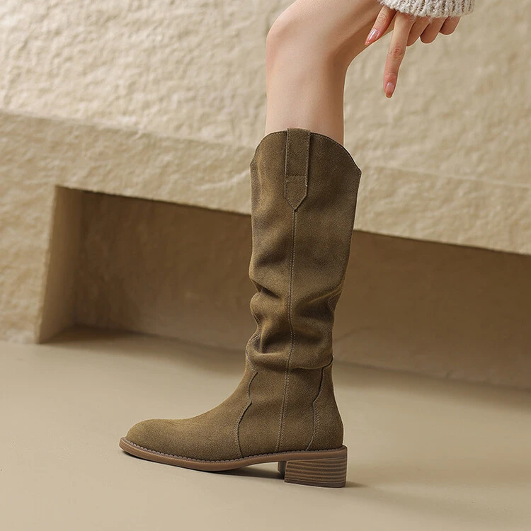 NianGaoXJ【牛翻皮】跟高4cm新款复古西部牛仔堆堆靴~V口显瘦巨好穿