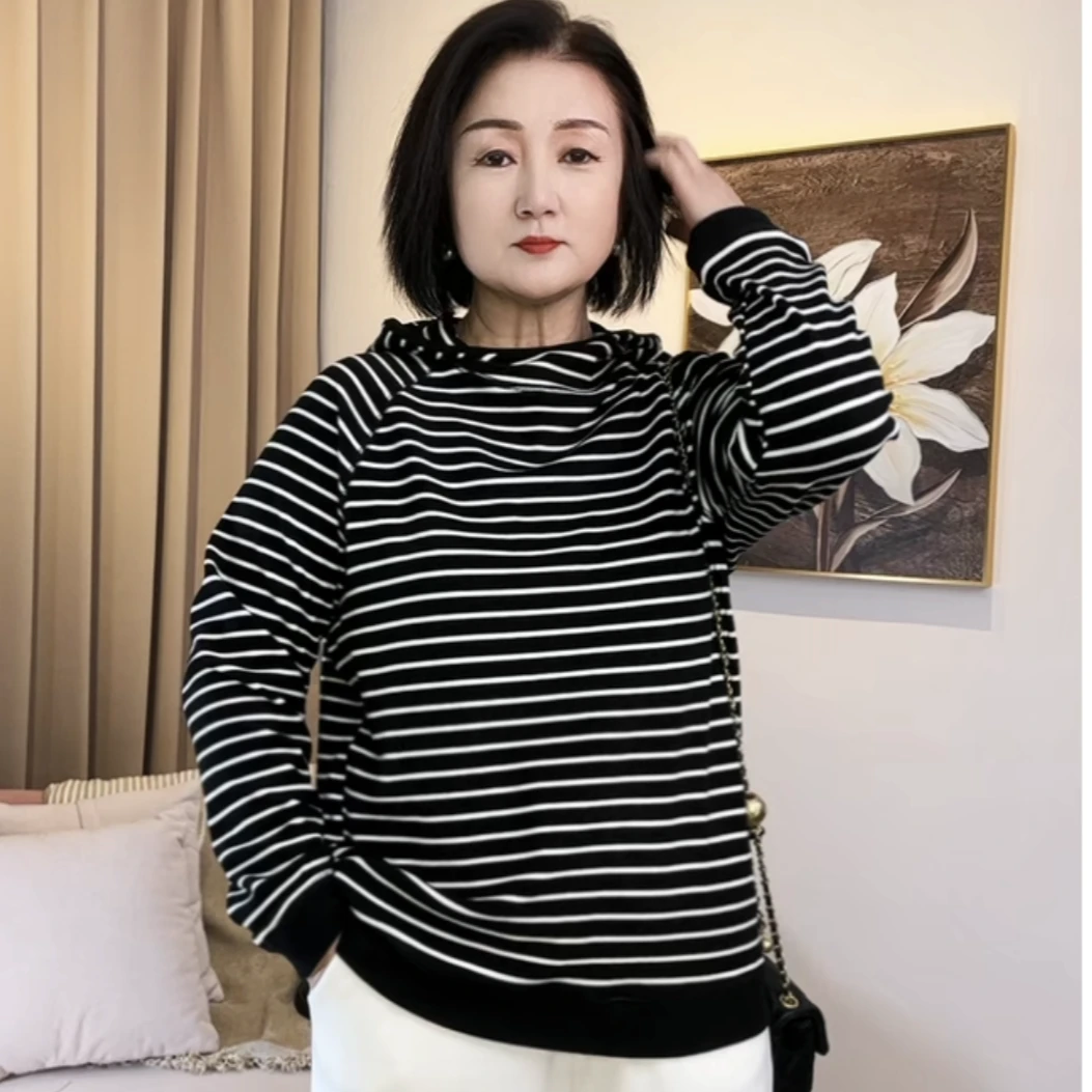 2023秋冬WY原创轻奢欧棉绒宽松休闲百搭韩版长袖加绒条纹连帽卫衣