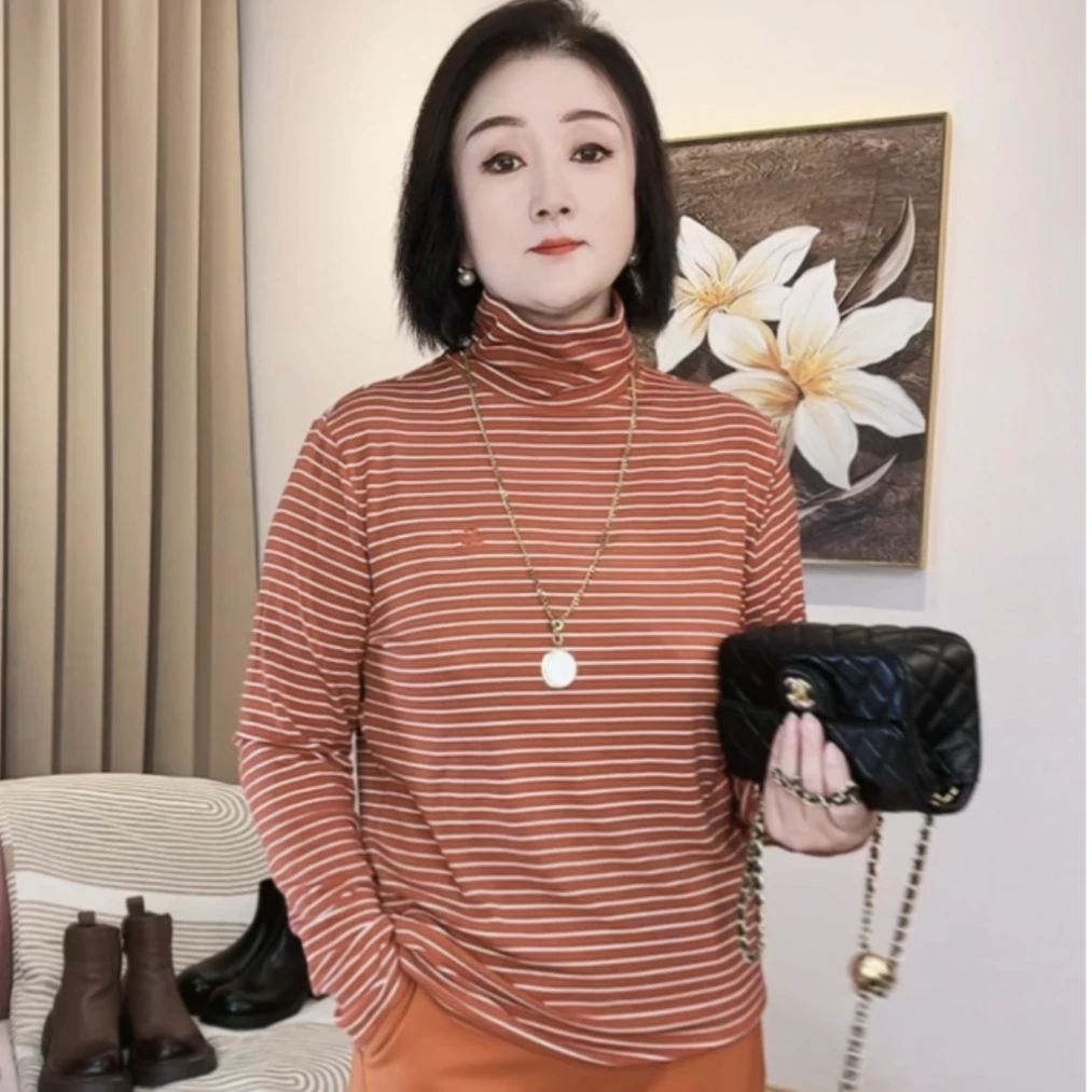 2023秋冬新款506条纹长袖简约风轻奢显瘦高品质百搭高领打底衫