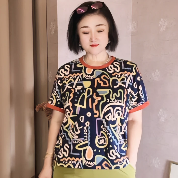 2024早春新款立体涂鸦圆领女士百搭满印潮流韩版显瘦休闲高定半袖