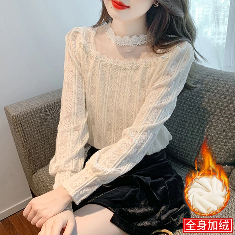 加绒蕾丝长袖甜美镂空蕾丝衫秋冬新款显瘦百搭设计感打底上衣女