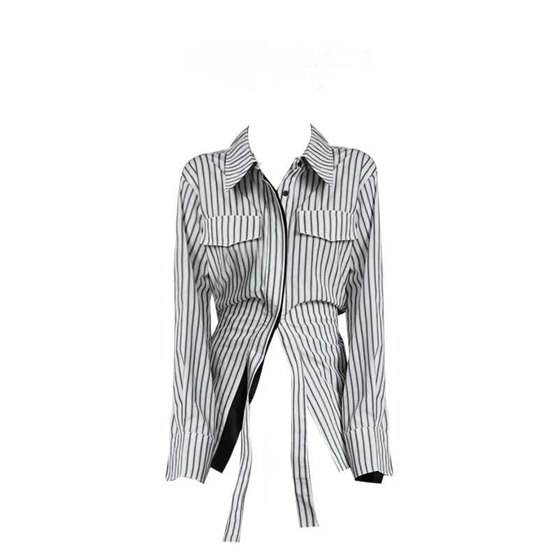 法式复古黑白条纹POLO领衬衫女2024早秋新款高级感简约飘带上衣潮