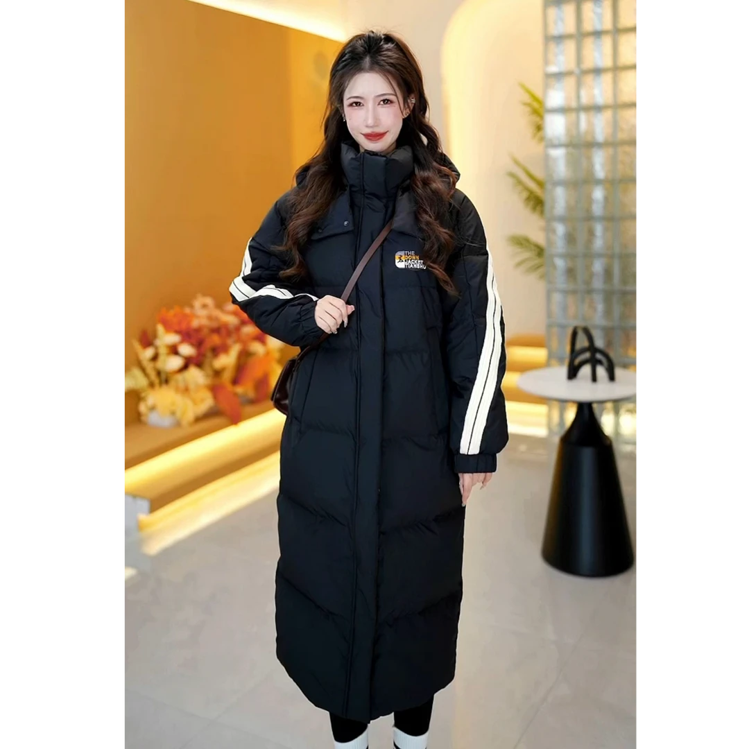 2025年新款过膝条纹运动风大牌高端冬季连帽时尚拼接外套