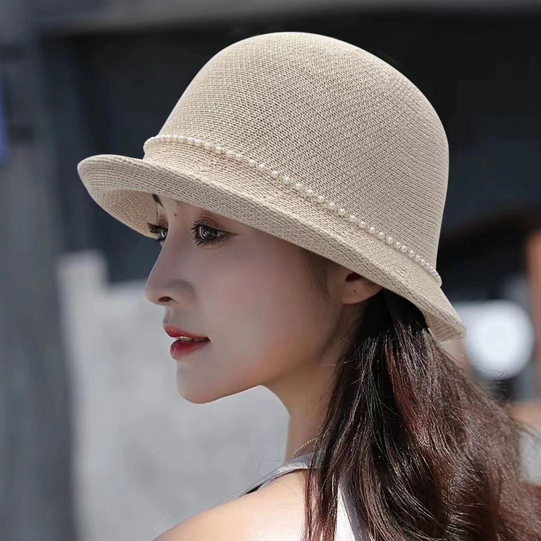 新款春夏季针织卷沿女士珍珠遮阳透气渔夫帽户外休闲时尚小盆帽子