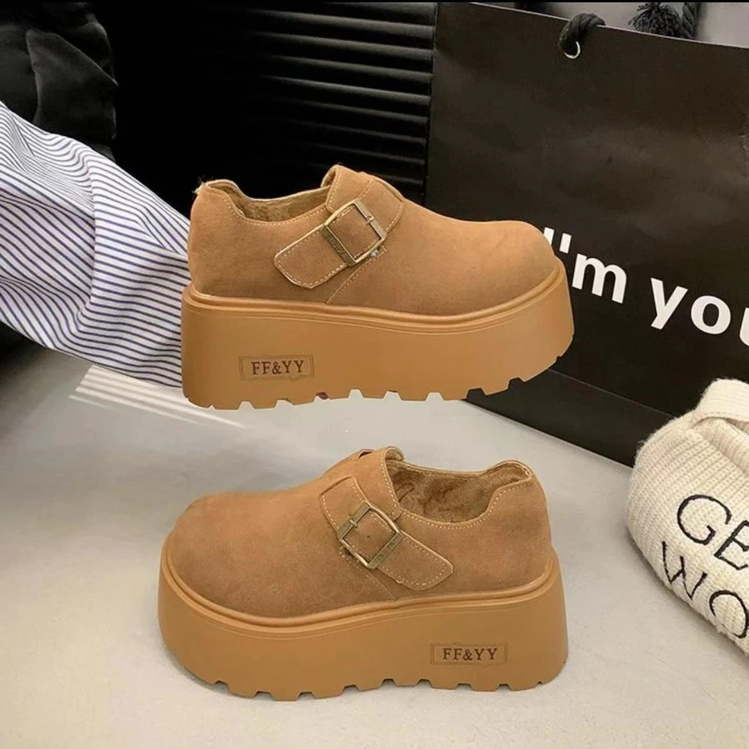 复古金属扣加绒女鞋新款厚底外穿保暖棉鞋X7605