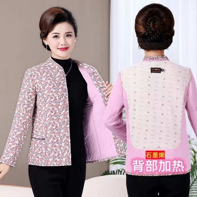 妈妈加绒加厚自发热驼绒棉衣中老年女士碎花棉袄老人冬季短款棉服