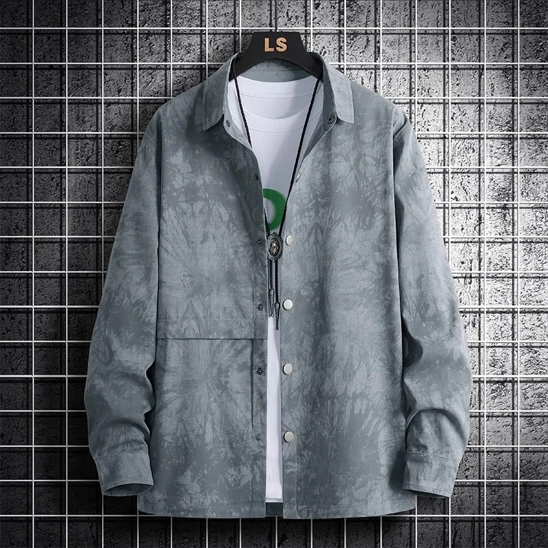 衬衫男2024新款春秋季男士美式扎染印花长袖衬衣外套宽松百搭上衣