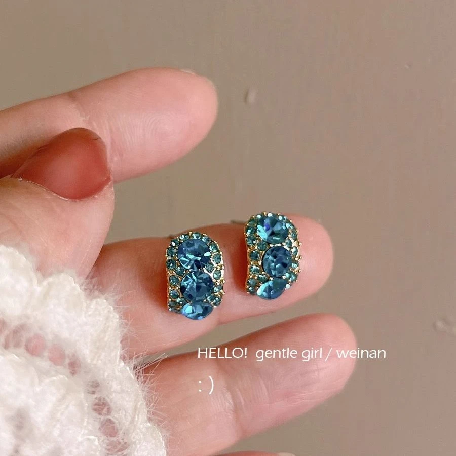 合金耳饰 耳夹无耳洞耳钉小湛蓝清新少女感高级感水滴镶钻耳环