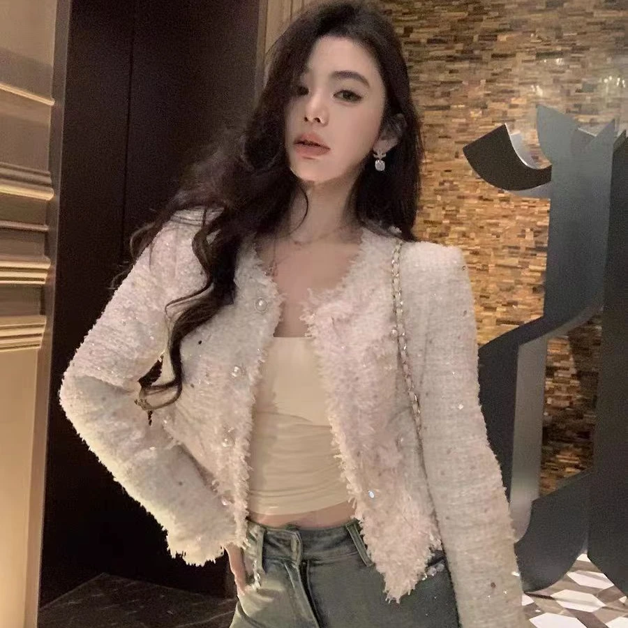 春秋新款白色花呢高级感2025小个子气质上衣宽松短款小香风外套女