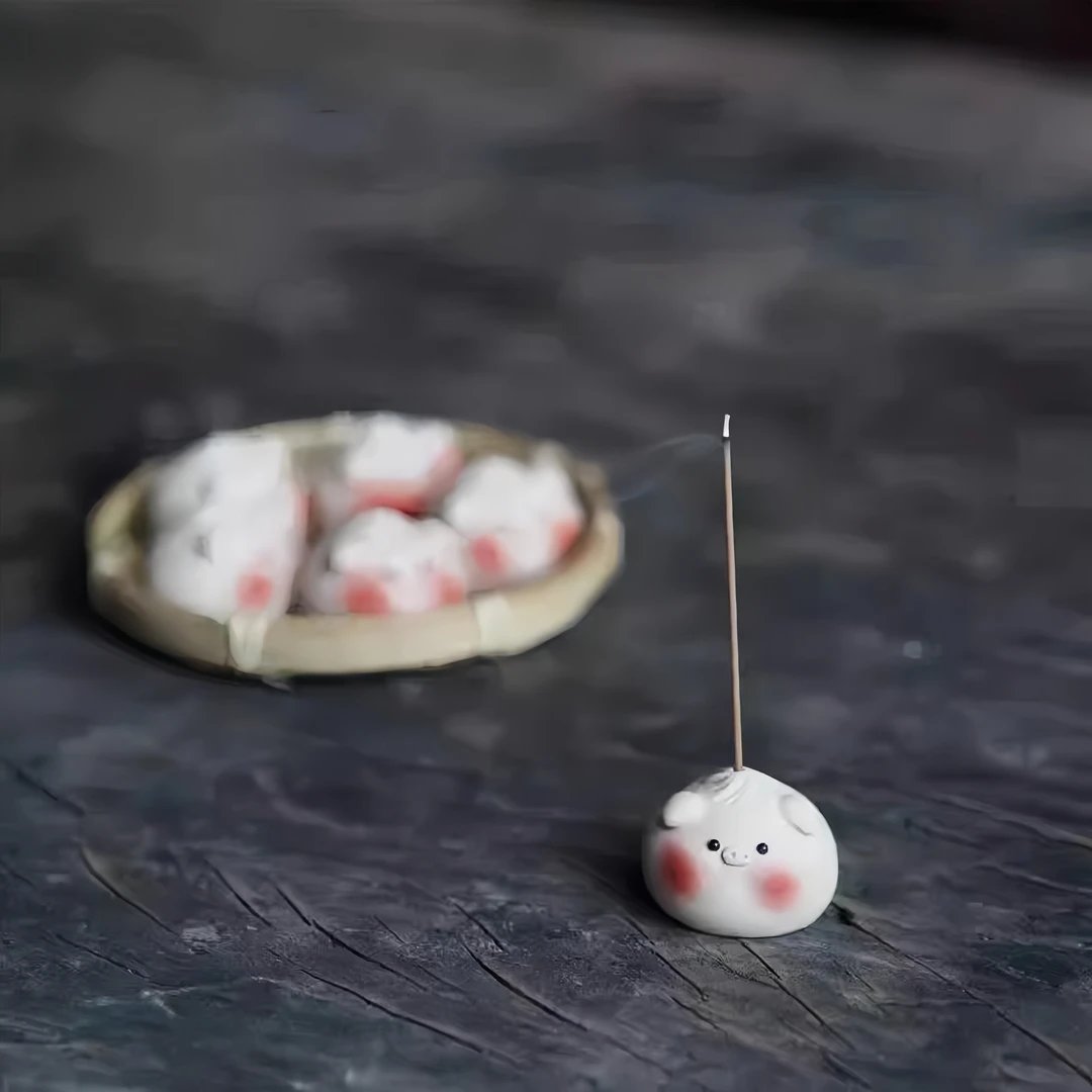 绪空 蒸蒸日上宜兴紫砂手工小猪包香插可爱茶宠盖置包子插香摆件