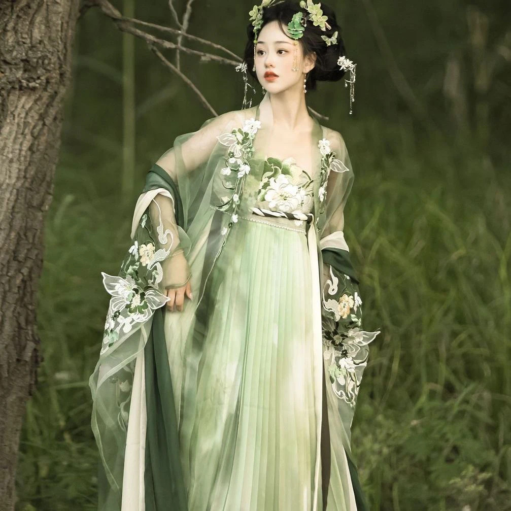 新款【青瑶】唐制汉服重工刺绣诃子裙齐胸大袖衫超仙日常春夏套装