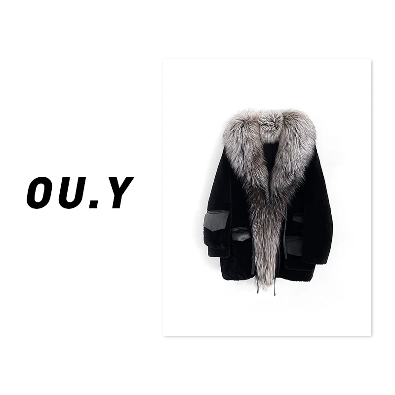 【欧尹原创】2024新款冬季黑色大银狐狸毛皮毛一体皮草外套 10Y99