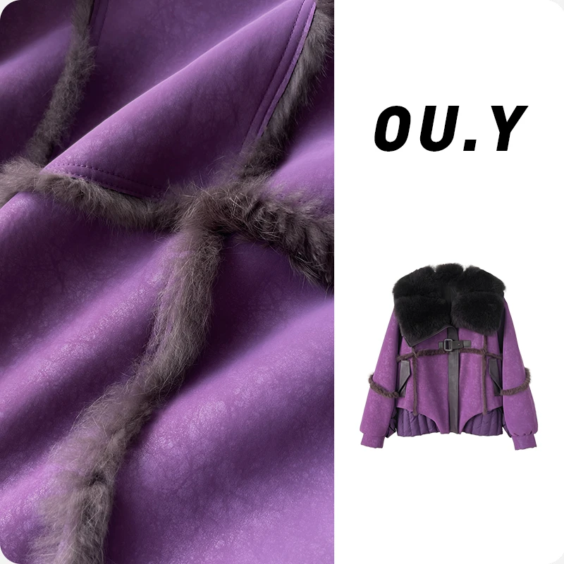 【SS】芭莎毛领显瘦修身气质紫色冬季短外套 01Y9965