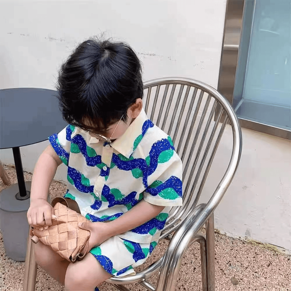 儿童洋气波浪度假风小童印花翻领纯棉沙滩短袖短裤夏款时尚两件套