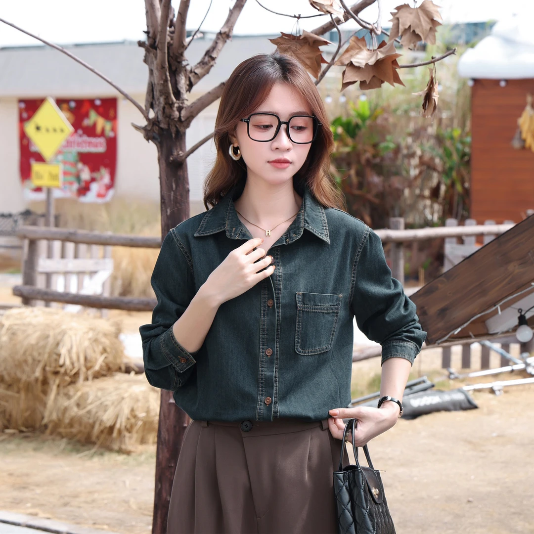 叠穿内搭复古港风衬衣外套女2024春秋季长袖牛仔衬衫上衣设计感