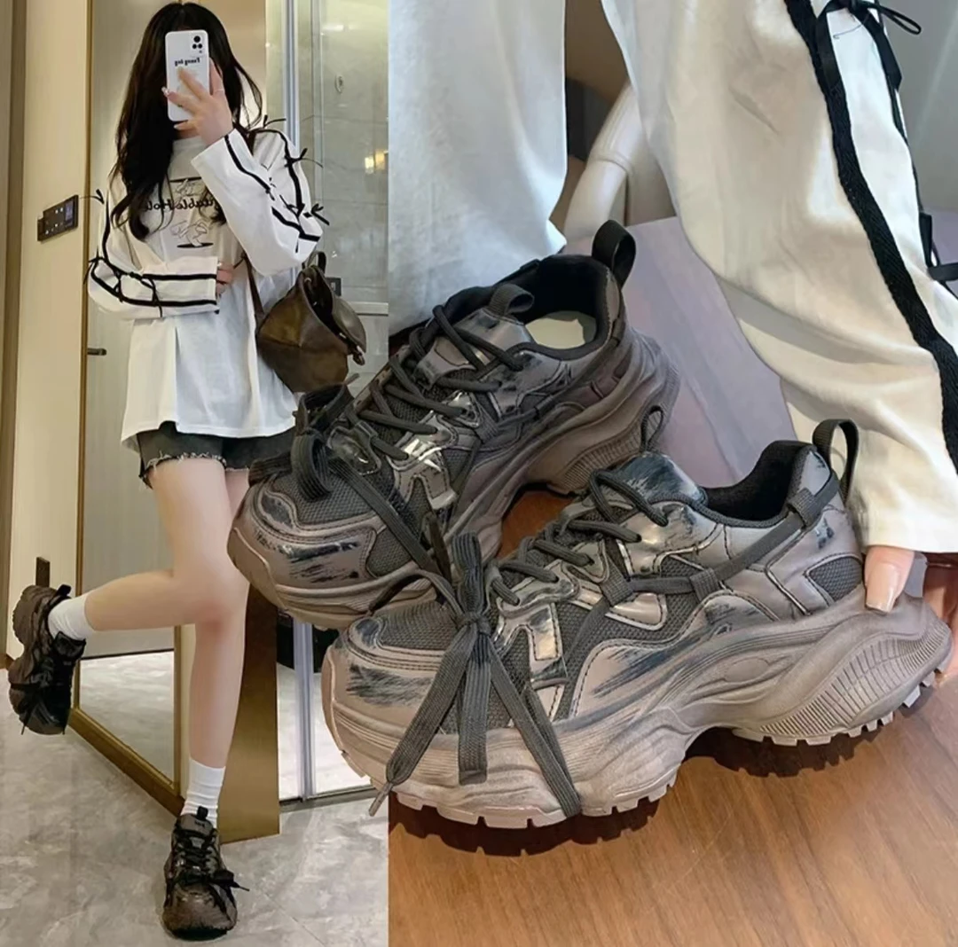 小敏家 港风复古爆款老爹鞋 圆头厚底做旧脏脏运动鞋Y838