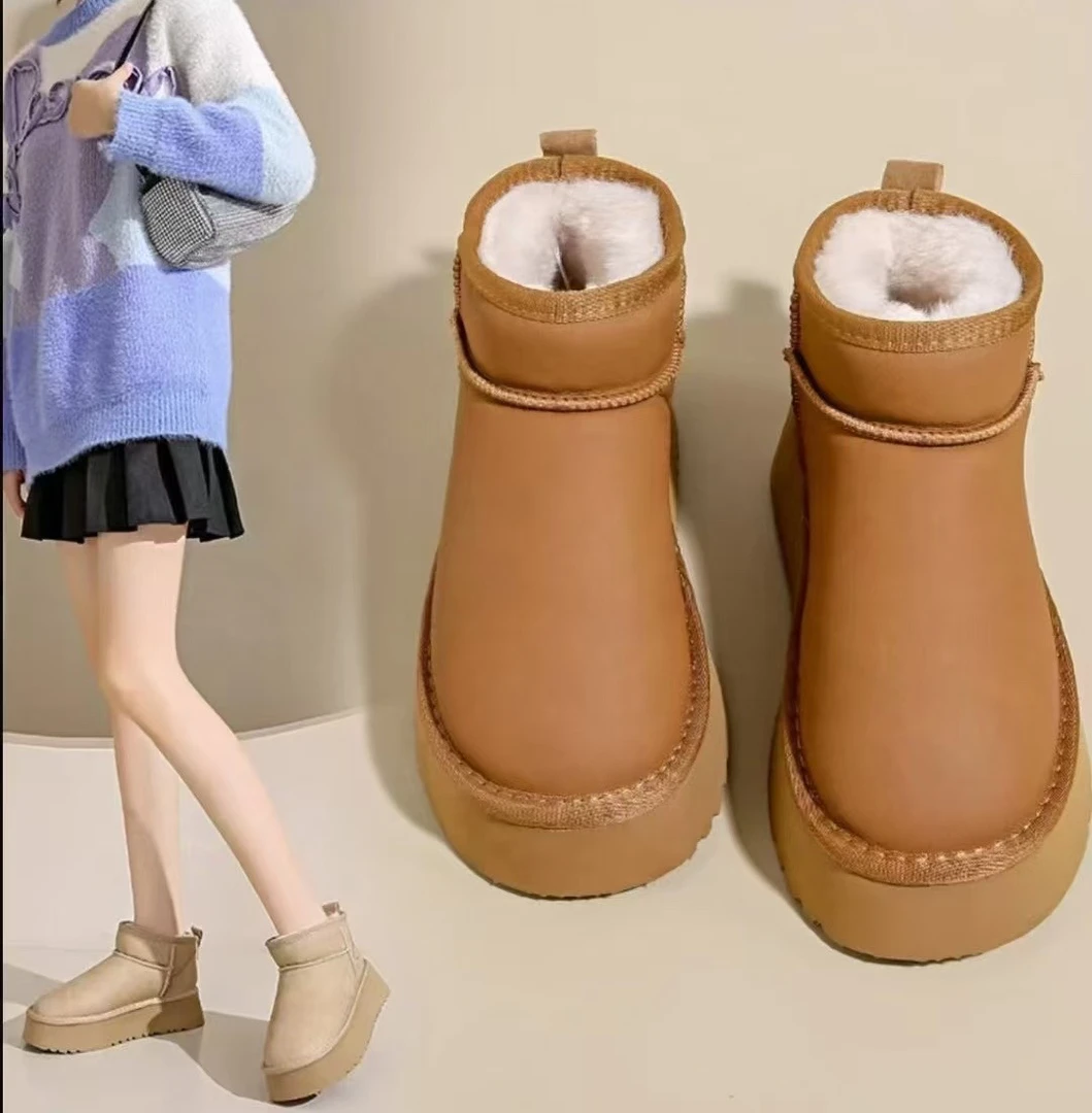 小敏家 牛皮版～～东北厚底雪地靴 加绒保暖短筒防滑增高面包鞋