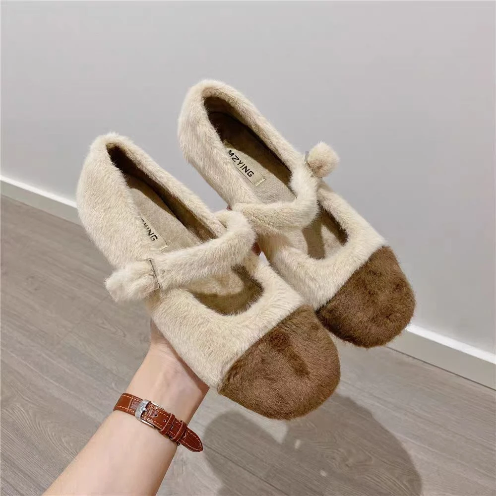 小敏家  法式玛丽珍鞋 仙女风拼接一字带毛绒绒单鞋M306