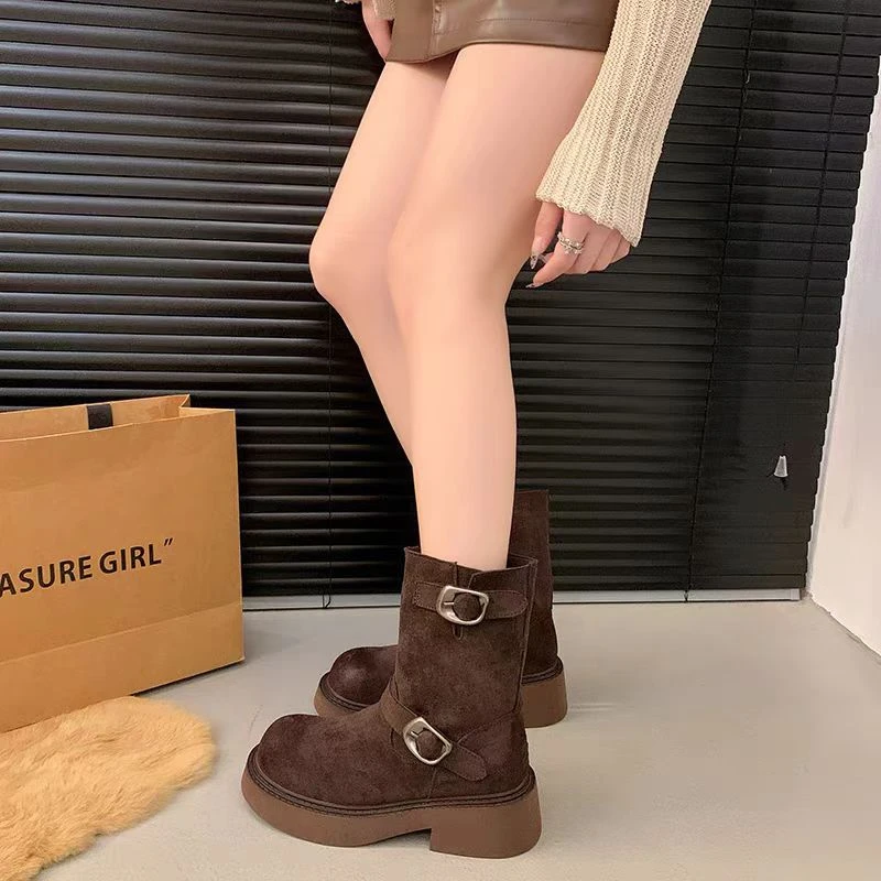 小敏家 皮带扣加绒马丁靴女 厚底西部牛仔靴复古机车短靴5888-1