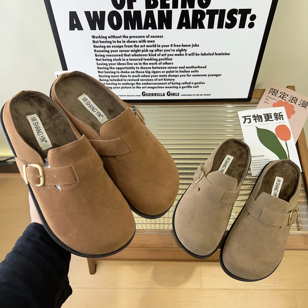 小敏家 新款勃肯包头复古时尚百搭潮流平底外穿毛毛拖鞋501