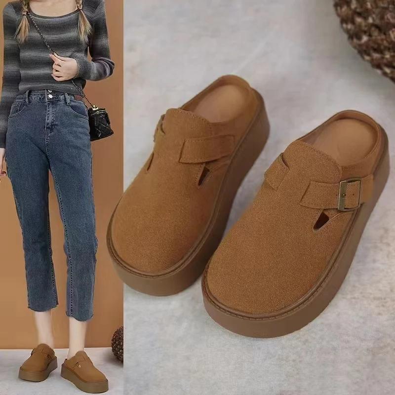 小敏家 圆头厚底勃肯拖鞋 新款懒人一脚蹬时尚包头拖鞋A9906