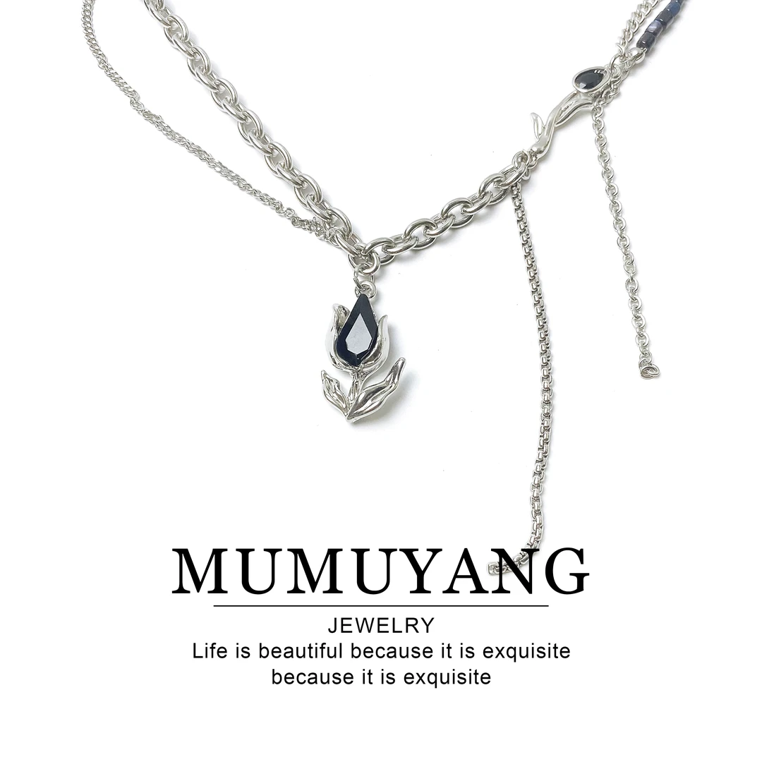 铜合金项链 X131立体黑色花朵设计感流苏吊坠女简约百搭时尚饰品