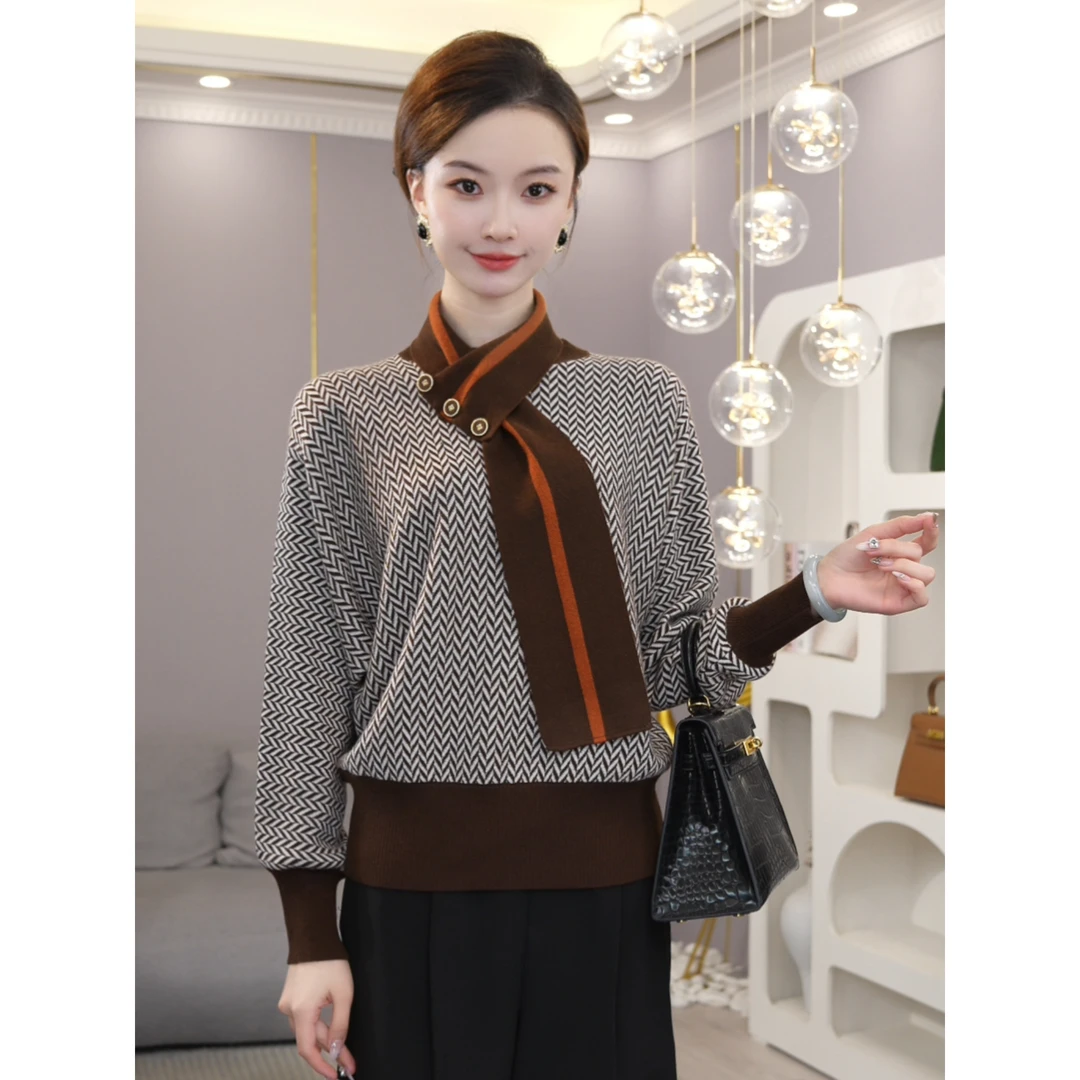 唐熹 2025秋冬新款【LT24-D917】含绵羊毛气质简约咖色针织衫毛衣女