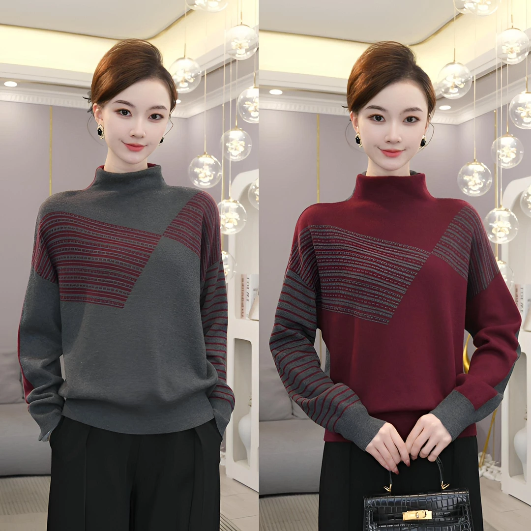 唐熹2025秋冬新款【6186】含绵羊毛套头红拼灰色高领针织衫拼色毛衣