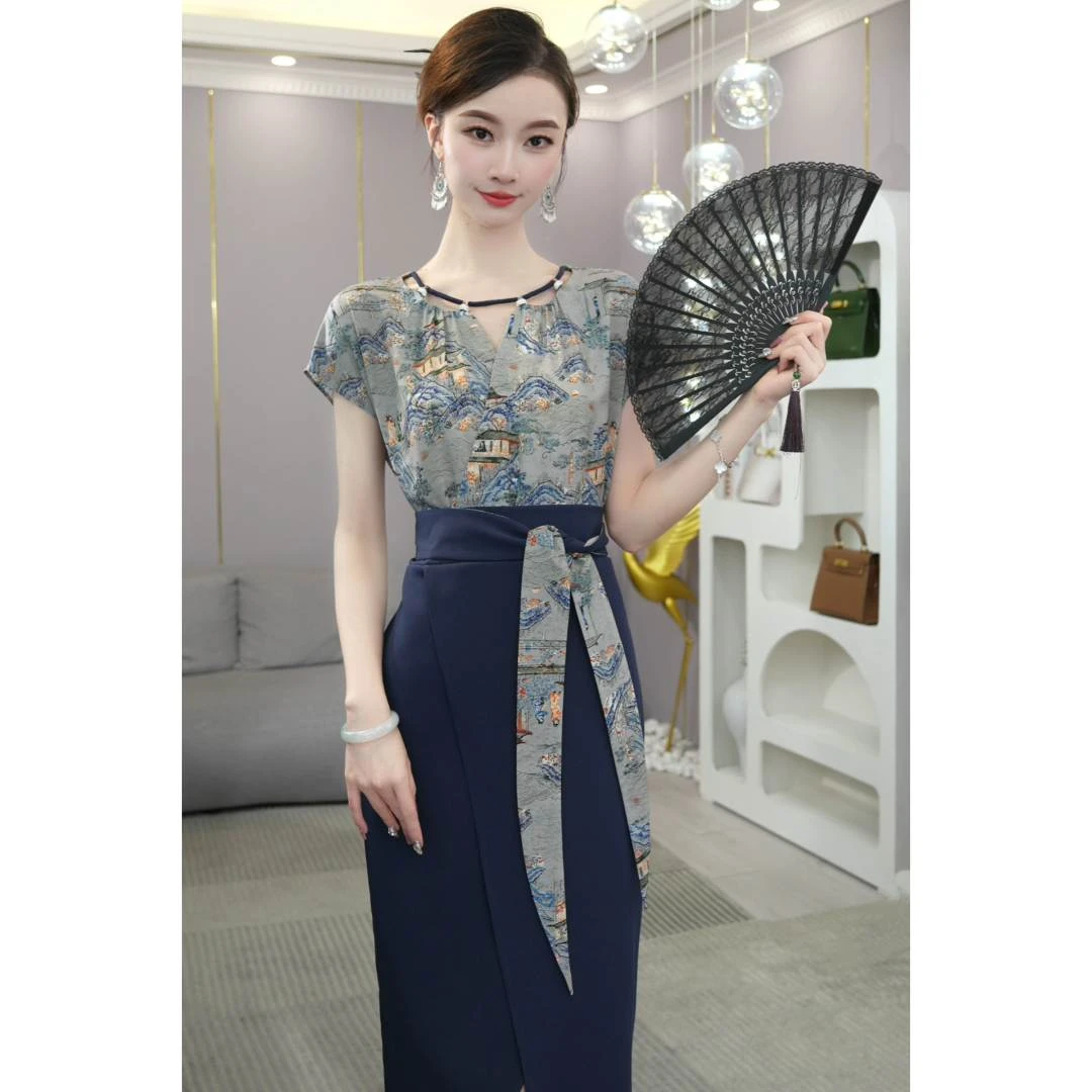 唐熹夏日收官大促！【ZM24-X531】气质高级感蓝色收腰包臀连衣裙女士