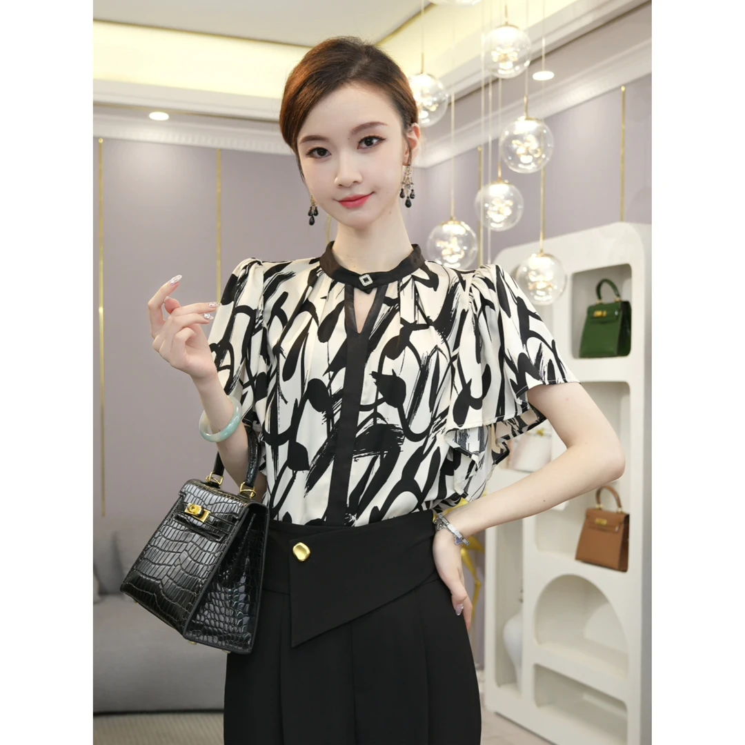 现货2023夏季新款【DD-85】气质轻奢小众时尚碎花显瘦百搭衬衫上衣