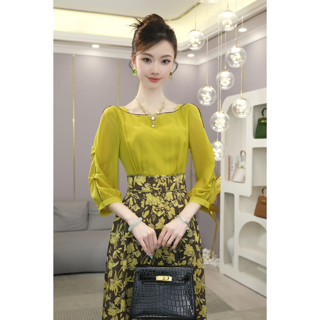 唐熹2025夏季新款【ZM24-X61】气质小众黄色拼接碎花洋气连衣裙子女