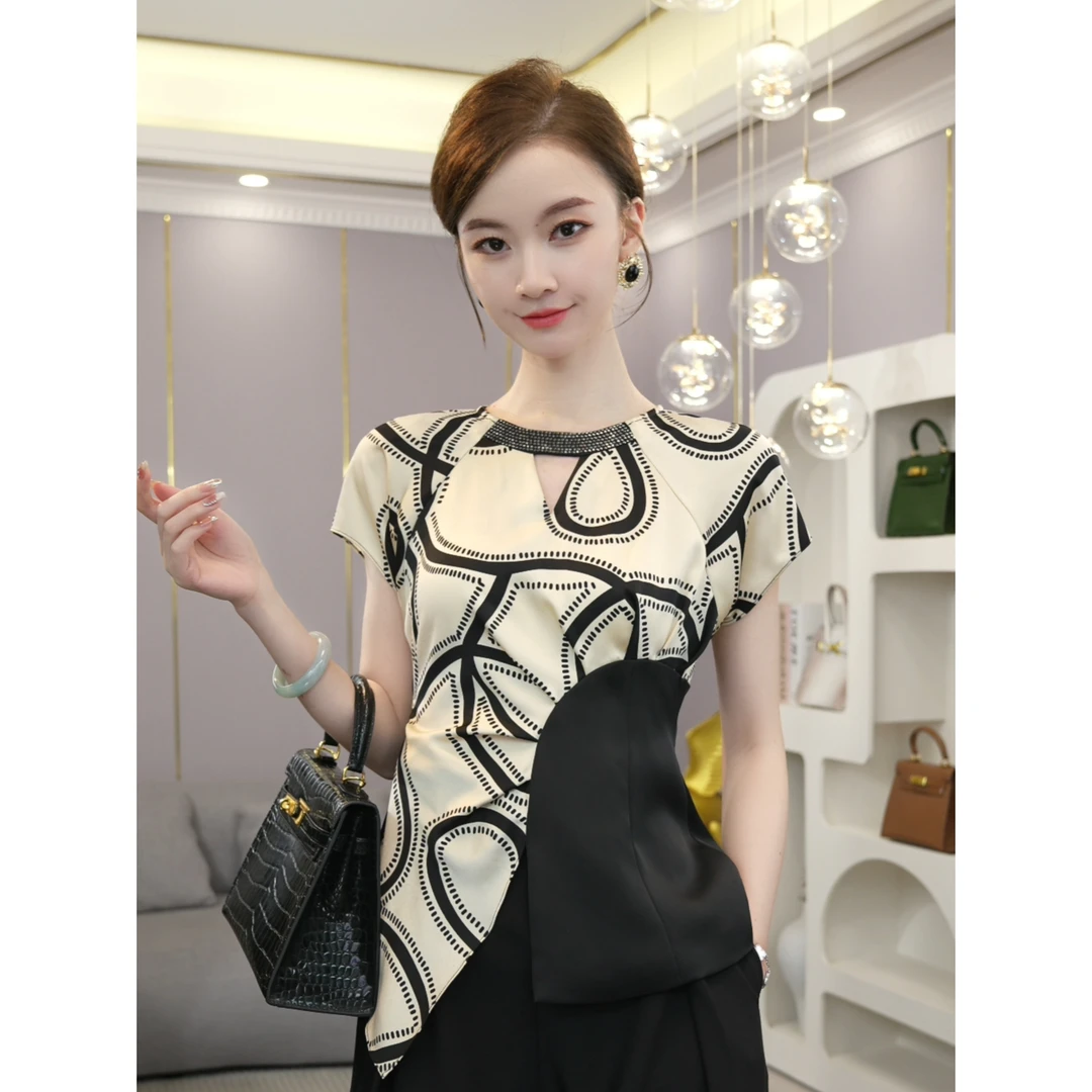 唐熹2025夏季新款【H24-X86】高级感轻奢气质高级时尚拼接上衣女士