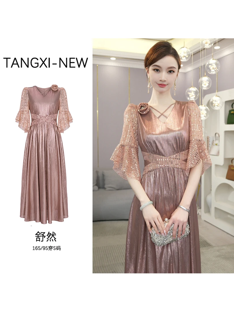 唐熹夏日收官大促！【LT24-C220】气质香槟粉色裙子显瘦交叉领连衣裙