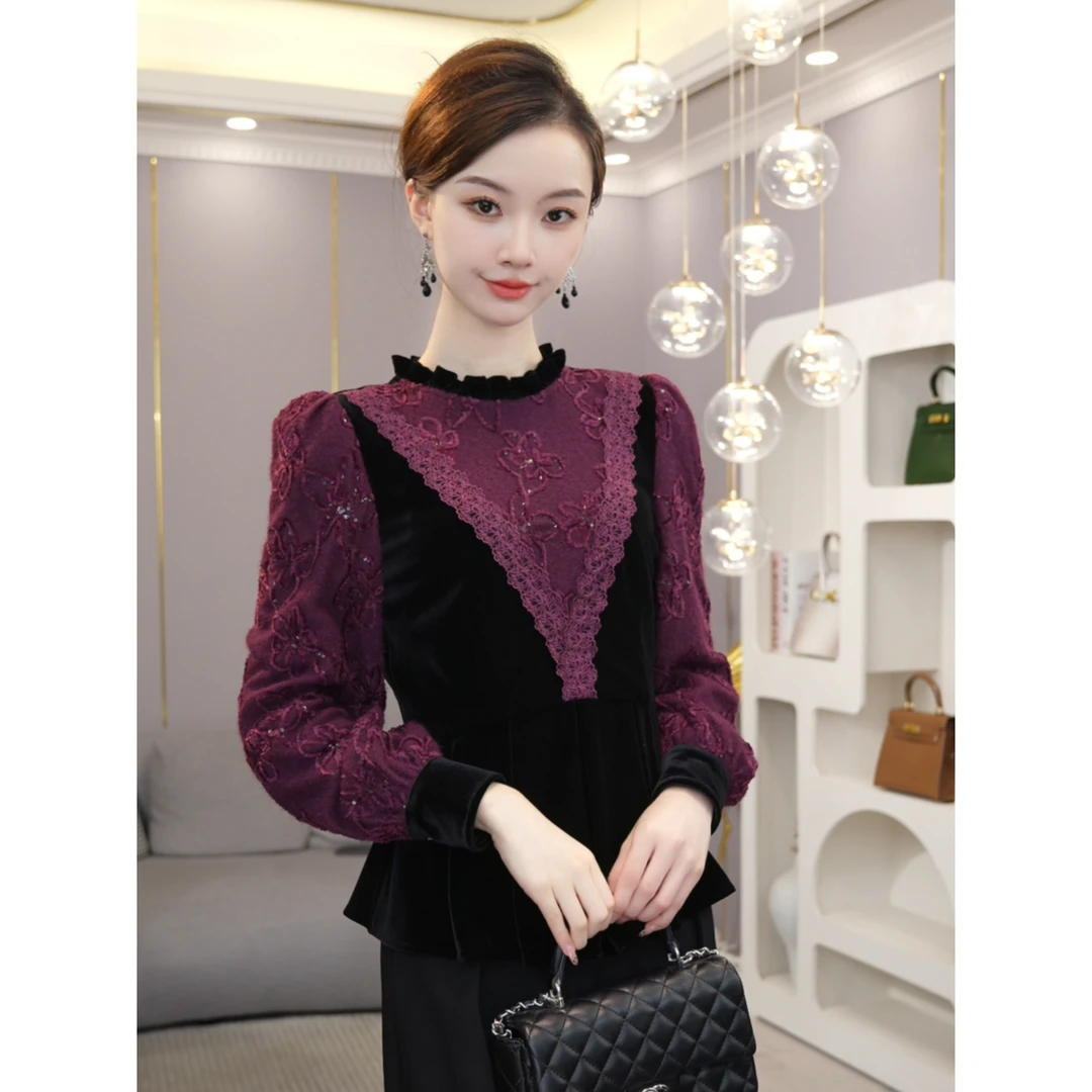 唐熹2025秋冬款【X24-D313】蕾丝拼接丝绒宫廷风长袖衬衫上衣女