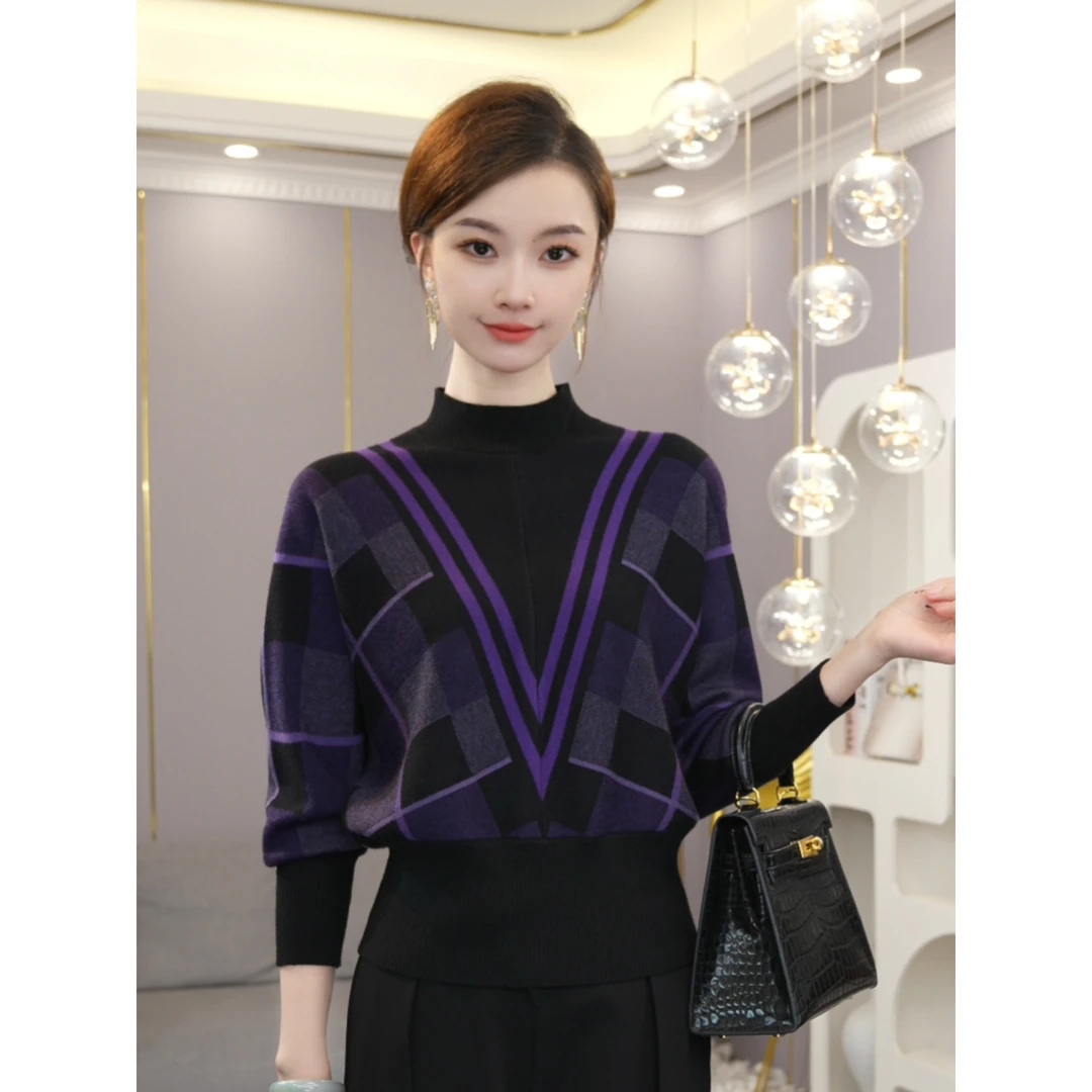 唐熹2025秋冬新款【49】含绵羊毛套头黑紫拼色针织衫毛衣上衣女