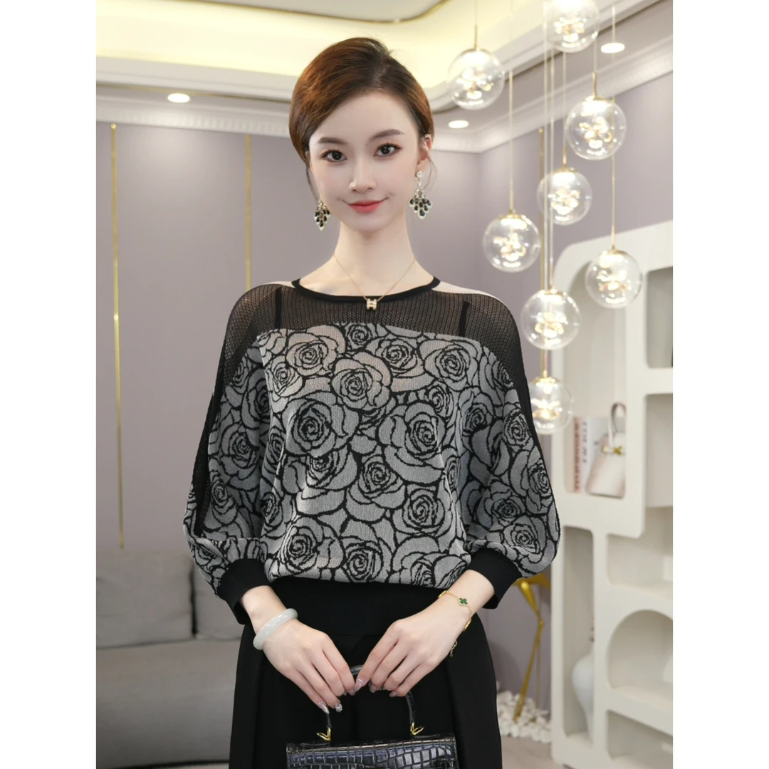 唐熹2025早春新款【22Q】时尚休闲设计感曲珠冰麻灰色针织小衫