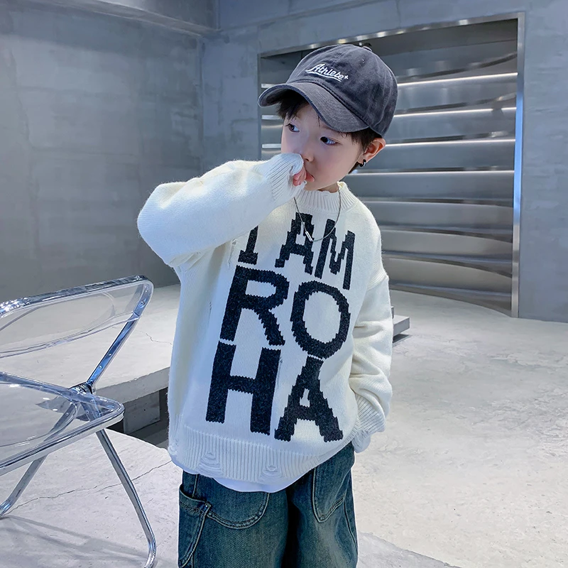男童秋冬装白色半高领加厚毛衣2025新款中大儿童冬季潮3619