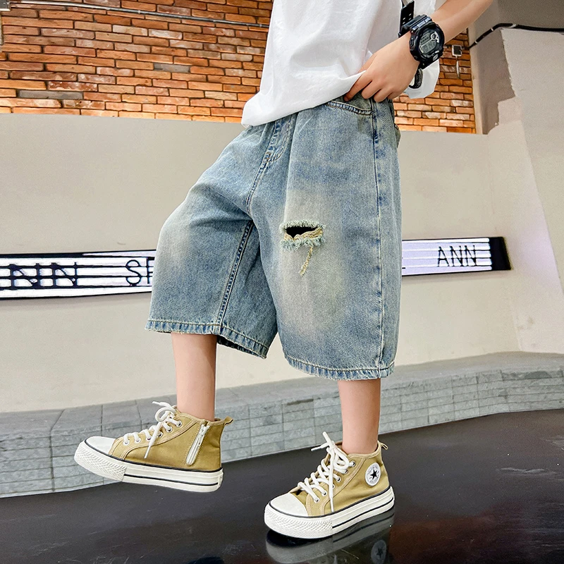 男大童夏季破洞宽松牛仔短裤2025新款男孩凉感薄款痞帅4368