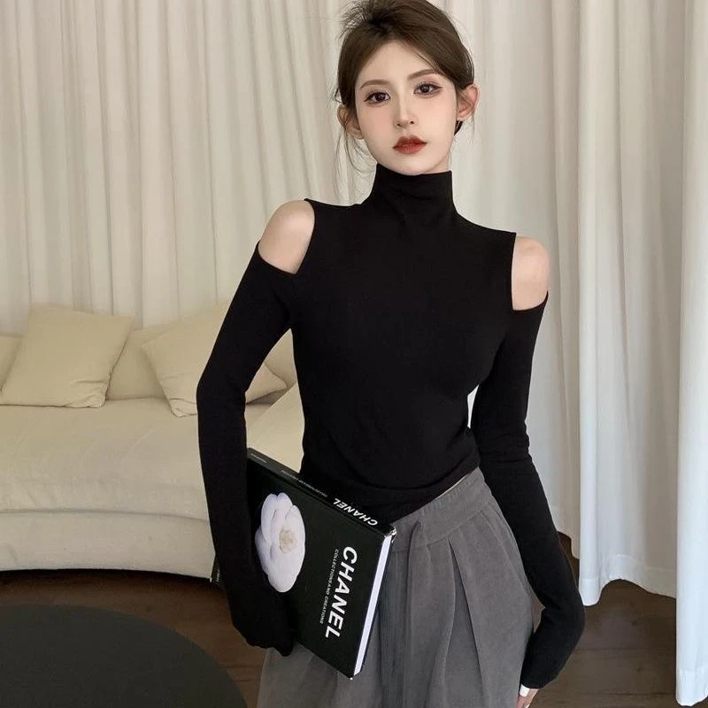 冬季镂空加绒设计小众半高领纯色内搭打底衫女气质纯欲风修身上衣